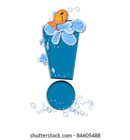 Exclamation point, in the alphabet set "Splish Splash", two colorful fish are swimming in water drops and waves splashing.  Letters are blue.