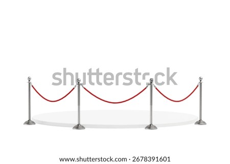 Exclusive Access Concept. Empty White Podium Surrounded By Red Velvet Rope Barrier On White Background. 3d Rendering