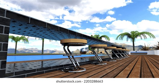 Exclusive Design Of A Bar In A Recreation Area With A Swimming Pool In The Courtyard Of A Modern Private House Overlooking The Mountain Landscape. 3d Render.