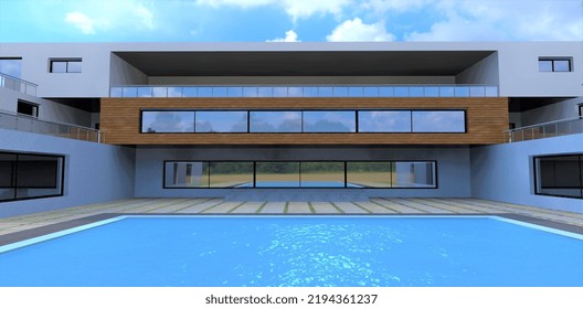 An Exclusive Hotel Project With A Large Swimming Pool In The Yard. Clear Blue Water. Terrace Board And Pavers Made Of Concrete Slabs Around. 3d Render.