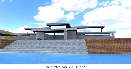 An Exclusive Stone Staircase Leading Down To A Swimming Pool In Front Of A Modern Luxury Country Home. Soupeny Are Visible Under A Layer Of Blue Water. 3d Rendering.