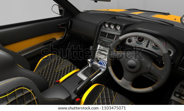 Exclusive tuning project for the interior\
of a sports car. Interior design with the layout of the main\
elements of the machine. 3D\
illustration.
