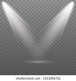 Exclusive use lens flash light effect from a lamp or spotlight. Set of the white spotlight shines on the stage, scene, podium. 