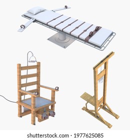 Execution Collection Isolated On White Background. Guillotine, Electric Chair And Medicated Death Bed.3d Rendering.