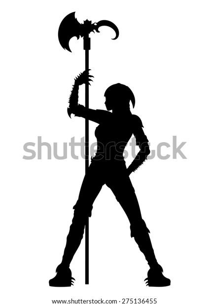 死刑執行人の女性がシルエットを剥がす 女性のシルエットの抽象的なイラスト 彼女は ファンタジーの首切り服を着て 斧の近くでストリプテーゼを踊っている の イラスト素材