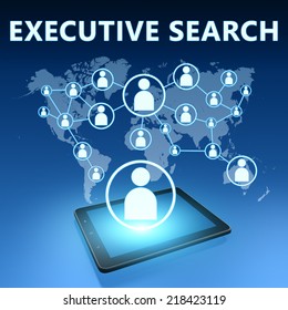 Executive Search Illustration With Tablet Computer On Blue Background