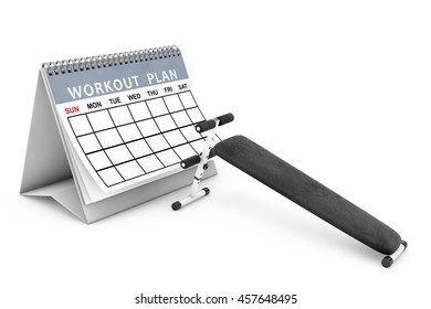 Exercise Bench. Gym Equipment In Front Of Workout Plan Calendar On A White Background. 3d Rendering