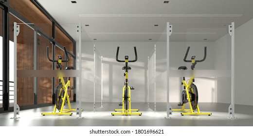 Exercise Bike With Plexiglass Barrier In The Fitness Center Due To Distance Rules In The Case Of Coronavirus And Covid-19 Pandemic (3D Rendering)