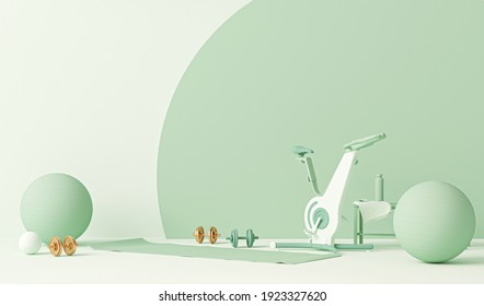 Exercise bike, weights and ball. Pastel blue and white colors scene. Trendy 3d render for sport fitness equipment, female concept, lifting in the gym and exercise daily background. Healthy lifestyle - Powered by Shutterstock