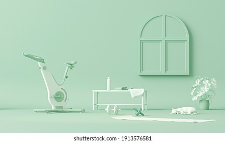 Exercise bike, weights and cat, plant. Pastel blue and white colors scene. Trendy 3d render for sport fitness equipment, female concept, lifting in the gym and exercise daily background. Healthy life