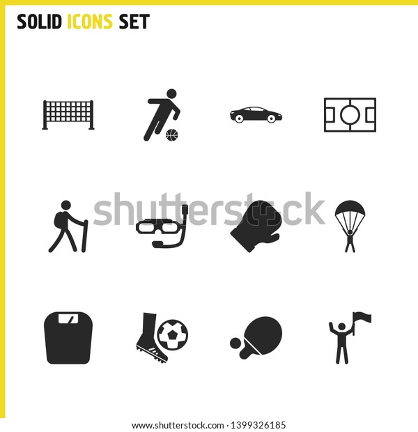Exercise icons set with
soccer player, diving mask and boxing glove elements. Set of
exercise icons and proud concept. Editable  elements for logo app
UI design.