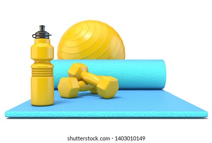 Exercise Mat With Weights, Fitness Ball And Watter Bottle Front 3D Rendering Illustration Isolated On White Background