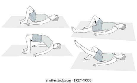 Exercise Set For Back Pain Relief Illustration. Male Body Stretching Exercise Set. Physiotherapy Exercises And Stretching.