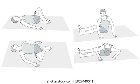 Exercise Set For Back Pain Relief Illustration. Male Body Stretching Exercise Set. Physiotherapy Exercises And Stretching.