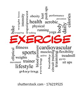 Exercise Word Cloud Concept in red caps with great terms such as active, fitness, running and more.