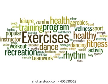 Exercises, word cloud concept on white background.