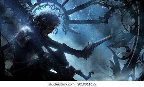 An exhausted warrior woman with a spiked sword, a saw and a pistol sits fatally with her head hanging sadly in the middle of ancient sinister Gothic ruins with broken windows bathed in moonlight 2d 