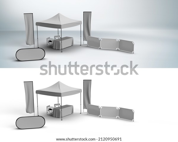Exhibition Event Stand with Gazebo Marquee,\
Table Cloth, Telescopic Flags, Popup Banners, Directors Chairs and\
Partitions Combo, 3D render\
Illustration.