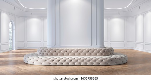 Exhibition hall, museum, showroom classic white interior with capitone upholstery sofa, molding, wall panel, wood floor. 3d render illustration mock up.