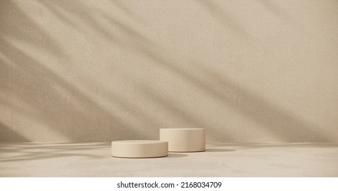 Exhibition Podium, Stand, On Pastel Light аrchitectural Background For Premium Product -3D Render. Unobtrusive Botanical Background  With Shadows, Natural Stones On The Wall -trend Frame, Cover, Card.