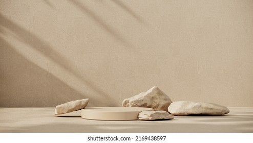 Exhibition Podium, Stand, On Pastel Light аrchitectural Background For Premium Product -3D Render. Unobtrusive Botanical Background  With Shadows, Natural Stones On The Wall -trend Frame, Cover, Card.