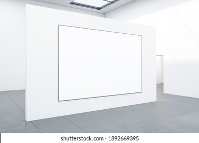 Exhibition room with blank poster on white wall. Performance and presentation concept. Mock up, 3D Rendering