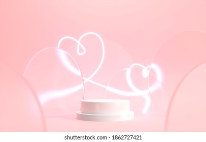 Exhibition Round cylindrical podiums. Platform, product pedestal - 3d render illustration. Neon glowing hearts on a pink background. Valentine's day, birthday, anniversary - holiday discounts, sale
