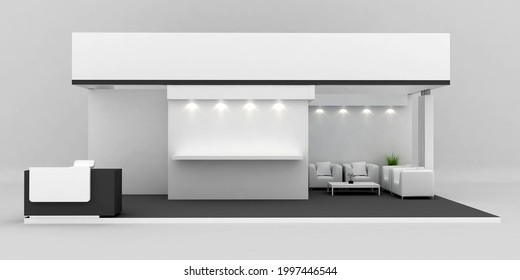 Exhibition Stand In 3d Rendering Mockup. Fair Booth.