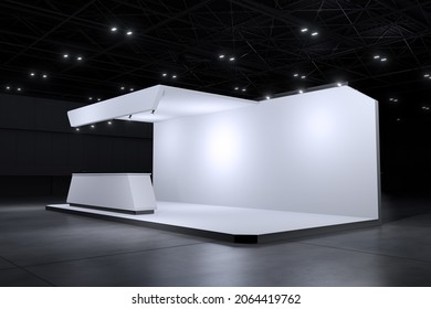 Exhibition Stand For Mockup And Corporate Identity,Display Design.Empty Booth Design.Retail Booth Elements In Exhibition Hall.booth Design Trade Show.Background For Online Event,conference.3d Render.