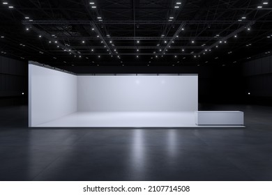 Exhibition stand for mockup and Corporate identity,Display.Empty booth Design.Retail booth elements in Exhibition hall.Booth for trade show.3D Background for online Event,conference,live.3d render.