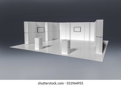 Exhibition stand plain with three screen and podiums used for mock-ups and branding and Corporate identity.3d illustration