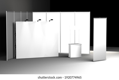 Exhibition stand, Exhibition round, 3D rendering of exhibition equipment, Advertising space on a white background, with space for text ads
