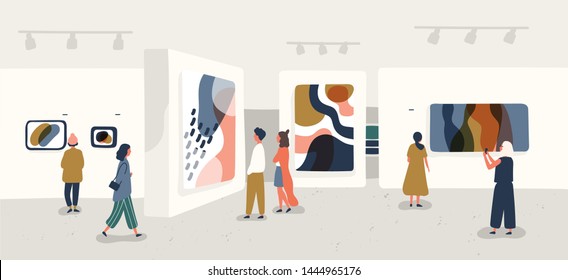 Exhibition visitors viewing modern abstract paintings at contemporary art gallery. People regarding creative artworks or exhibits in museum. Colorful illustration in flat cartoon style.