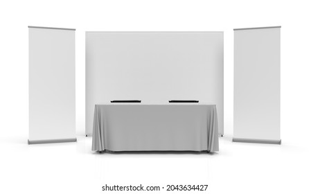 Exhibition Wall Banner Cloth Displays With Two Pull Up Banners, A Table Cloth Runner Over A Trestle Table And Two Directors Chairs. 3D Rendered Illustration Front View For Mockups And Illustrations