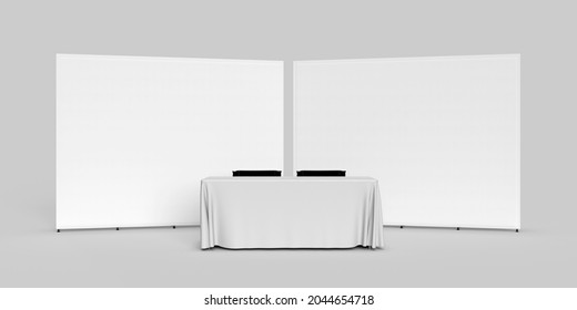 Exhibition Wall Banner Cloth Straight, Two 3d rendered illustration Walls side by side with a table cloth and two directors chairs 3D Rendered Exhibition Displays Stand for mockup and illustrations