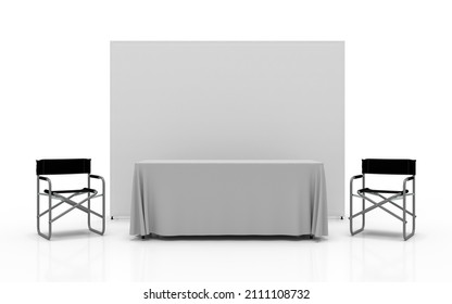 Exhibition Wall Banner Cloth Straight Display Stand With Trestle Table Cloth And Directors Chairs, 3D Render For Mockup And Illustrations.