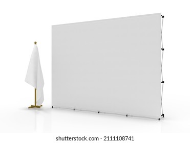 Exhibition Wall Banner Diplays Wall isolated on a white background with hanging flag on the side. 3d render for illustration and mockup assets.