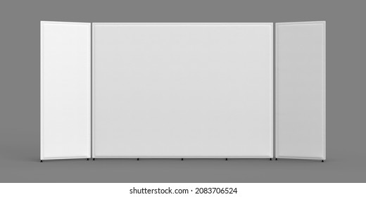 Exhibition Wall Banners, 2 Small Popup Walls on the Sides and one Large Banner Wall in the middle. Isolated on a grey background. 3d Render Illustration for Mockup.