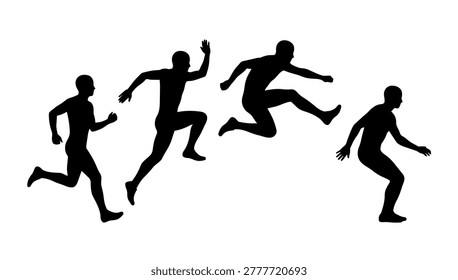An exhilarating solid black silhouette illustration showcasing individuals performing high-energy parkour, running, and jumping maneuvers. The intense contrast of the dark action figures against a blank space emphasizes extreme athleticism and urban agility. 