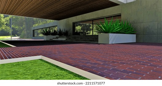 Exit From An Advanced High-tech Hotel Located In A Sunny Park. Red Brick Pavement. Succulent Green Plants In Flowerpots On The Porch. 3d Rendering.