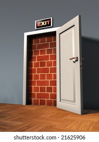 Exit Door Blocked By A Brick Wall. Digital Illustration.