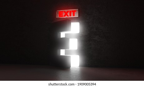 Exit freedom concept. E shape door opening with red exit sign 3d render illustration