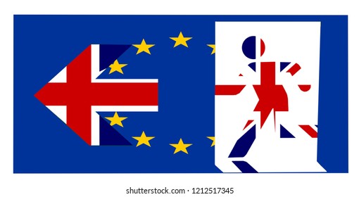 Exit Sign: UK Leaving EU Through An Emergency Exit Door With Union Jack Man Walking Out Of Door And Union Jack Arrow, With EU Flag In Background.