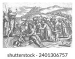 Exodus from Egypt, Johann Sadeler (I), after Marten van Cleve (I), 1639 In the foreground Moses and Aaron accompanying their people to the promised land.