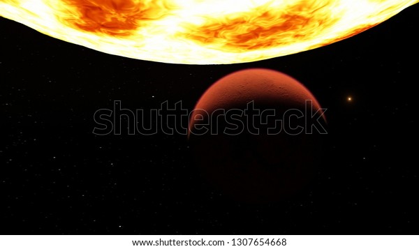Exoplanet 3D\
illustration orange planet fiery hot against the bright sun\
(Elements of this image furnished by\
NASA)