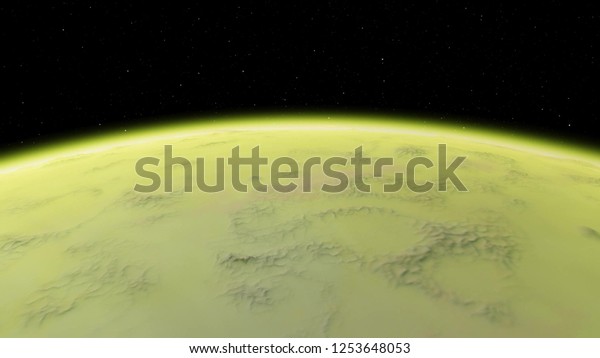 Exoplanet 3D illustration orbital view, light green\
yellow cloudy planet from the orbit. acid toxic desert (Elements of\
this image furnished by\
NASA)