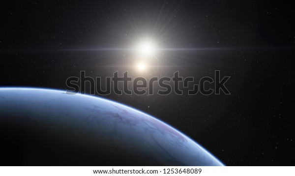 Exoplanet 3D illustration two sun sunset orbital\
view, blue planet from the orbit, world (Elements of this image\
furnished by\
NASA)