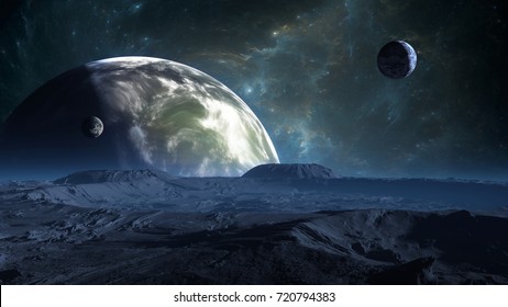 Exoplanet Or Extrasolar Planet With Atmosphere And Moon. 3D Illustration