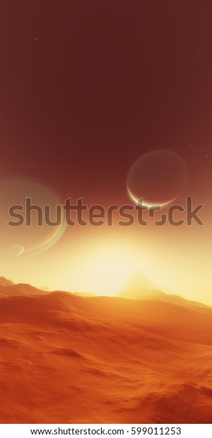 Exoplanet fantastic\
landscape. Beautiful views of the mountains and sky with unexplored\
planets. 3D\
illustration.