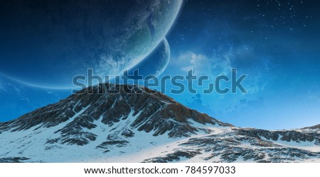 Exoplanets in space view from a mountain 3D rendering elements of this image furnished by NASA